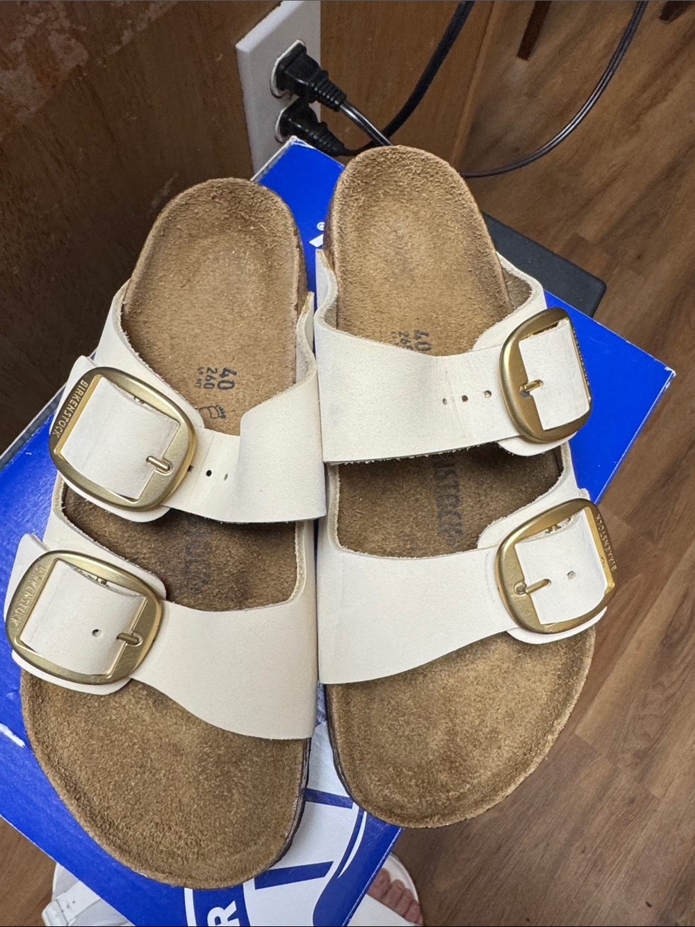 Birkenstock Cream Suede Double Strap Sandals with Gold Buckles